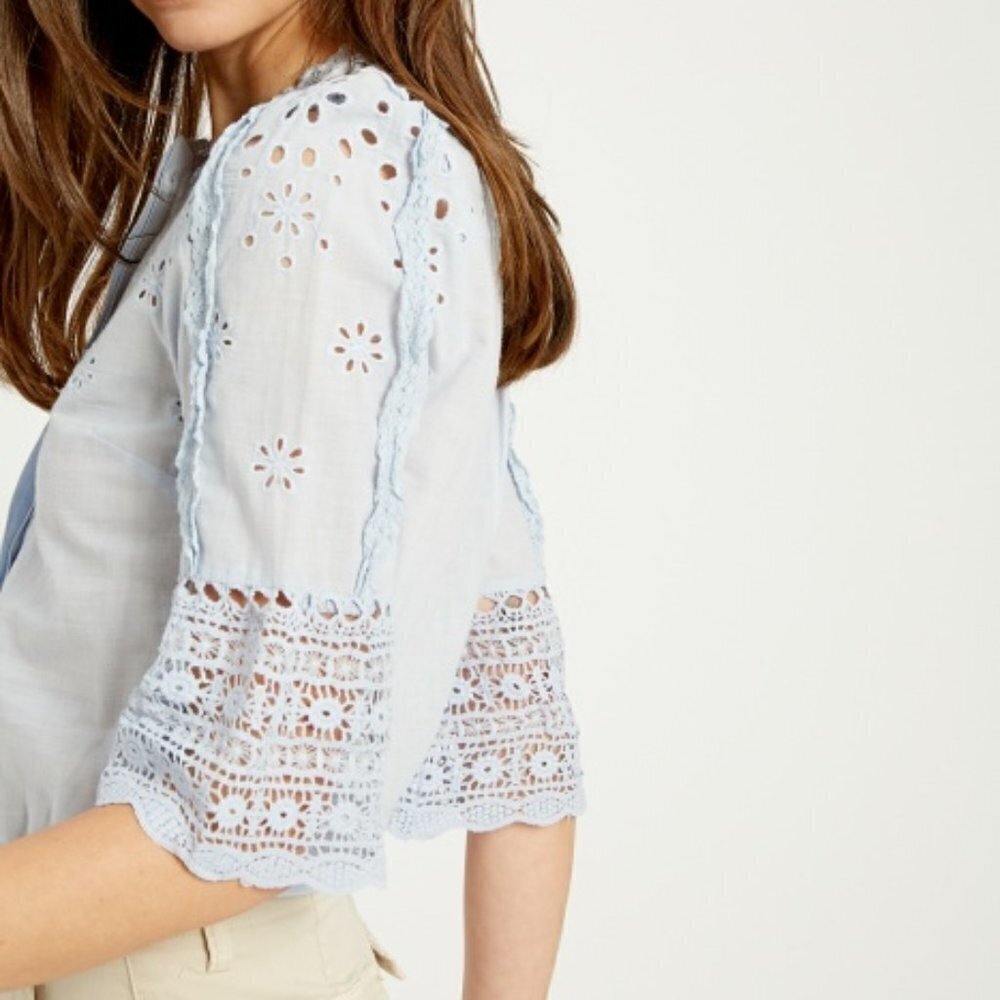 Listicle Boutique 3/4 Sleeve Floral Eyelet Crochet Lace Button Down Top Blouse - Picture 4 of 4